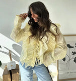 Women's Layered Bell Sleeve Blouse Yellow Ruffled Sheer Blouse V Neck Tie Front Long Sleeve Casual Top With Puffed Sleeves BLZW