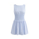 2026 Summer Women's Sleeveless Short Dress Stripe Print Boat Neck Waist-Cinching Slim Fit Dress Holiday Daily Casual Streetwear