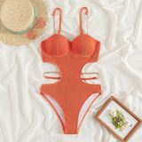 Sexy Push Up Underwire One Piece Swimsuit Women Solid Pink Metal Chain Hollow Out Ribbed Bathing Suit Backless Swimwear Monokini