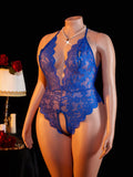 Plus Size Sexy Crotchless Lingerie Women Lace Hollow Bodysuit Erotic Pajamas Teddy Babydoll Dress Deep V Open Bra Underwear Set