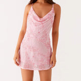 Women Summer Fashion Sleeveless Swing Collar Back Bandage Mini Dresses Flower Sequins Beaded Embroidery Cowl Neck Cami Dress