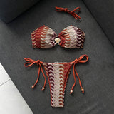 Sexy Coffee Striped Micro Bikini 2026 Women Bandeau Metal Shell Push Up Bra Bandage Thong Swimwear Beach Bathing Suit Swimsuit