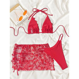 S - XL Three-pieces Bikini set With Skirt Flowers Sequins Bikini Female Swimsuit Women Swimwear Bather Bathing Suit Swim V7864