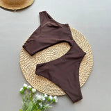 Asymmetric One Shoulder Metal Ring Women Swimwear One Piece Swimsuit Female High Cut Monokini Bather Bathing Suit Swim Beachwear