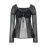 Spring Summer Women Solid Color Split Tie Front Tops See Through Frill Trim Square Neck Long Puff Sleeve Mesh Shirts