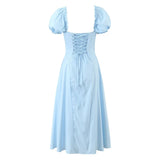 Bowknot Ruffles Light Blue Midi Dress Women's Summer Off Shoulder Short Sleeve Beach Dress Drawstring White A-line Vestidos 2025