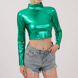 Women Metallic Long Sleeve Crop Tops Shiny Stretch Mock Neck T Shirt Dance Clubwear Ladies Slim Fit Blouses Gold Silver Costumes