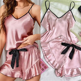 Summer Pajamas Set Women's Smooth Satin V-Neck Ruffled Edges Tops and Bow Shorts Pajama Sling Home Clothing