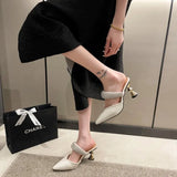 American pointed rhinestone high-heeled slippers women slim heels with toe caps, empty fashion sandals,