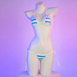 Summer Swimwear Japanese Kawaii PU Leather Micro Bikini Set Women Swimsuit Stripes Bra Set Sexy Lingerie Underwear Costume