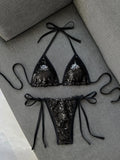 Sexy Shiny Sequin Black Bikini Set 2026 Women Push Up Bra Tie Side Thong Swimsuit Beach Bathing Suit Hoiday Swimwear Biquini