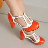 Spring Autumn New Style Fashion High-heeled Women's Shoes Color Block Round Head Shallow Mouth Buckle Square Heel Women's Shoes