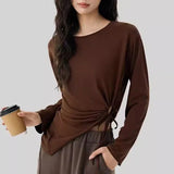 Women's Slimming Long-Sleeved Yoga Suit Sports T-Shirt with Drawstring Waist for Pilates Outdoor Fitness Training
