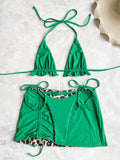 2026 Summer Leopard Print 3 Pieces Suit Swimwear Reversible Sexy Halter Lace-up Bikini Set Drawstring Skirt Cover Up Beachwear