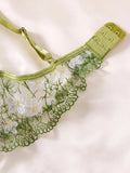 Fresh green  floral embroidered lace lingerie set-Sexy see-through chiffon half-cup shaping bra thong two-piece set ZA825194