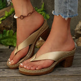 2025 New Gold High Heels Flip Flops Women Outdoor Clip Toe Thick Heeled Sandals Woman Lightweight Plus Size Summer Slippers 43