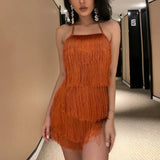 Sexy Backless Mini Dress Women Fashion Halter Neck Solid Color Fringes Short Dress Lady Carnival Party Dress up Women Clothes