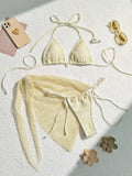 Women mesh micro mini string bikini sets 3pcs with cover skirt shell pendant swimsuit bathing suit beach outfits biquini tankini