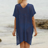 Short Sleeve V Neck Hollow Out Crochet Knitted Tunic Beach Dress Beach Wear Beachwear Beach Cover Up Cover-upsFemale Women V8061