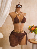 Sexy Mesh Cover Up 3 Piece Bikini Set 2026 Women White Metal Circle Push Up Bra Thong Swimwear Holiday Bathing Suit Swimsuit