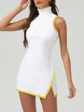 Summer Women's Tennis Dress White Contrast 2-in-1 Tennis Golf Sports Dresses Polo Collar Zipper Slim Split Fitness Dress