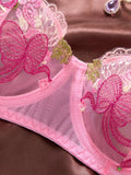 Coquette Aesthetic Pink Lingerie Set Floral Embroidery Lace Bra Set with Bow Details Sexy Sheer Mesh Teddy ZA825296