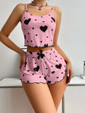Summer Casual Sleepwear Heart Printed Pajama Set for Women Backless Crop Cami Top and Shorts Set Lounge Pijamas