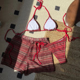 New Sexy Striped Halter Bikini Women Swimwear Three-pieces Bikini set With Shorts Female Swimsuit Bathing Suit Bather Swim V6326