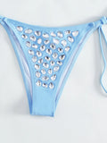 DEKA Women Sexy Rhinestones Bikini Set With Solid Color Thong Swimwear Female Push Up Swimsuit Beach Swimming Bathing Suit