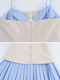 Foridol Striped Pleated Short Summer Dress Women Buttons Decor Spaghetti Strap V Neck Bodycon Mini Spring Beach Vestidos New In