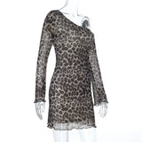 Spring Summer Off-Shoulder Sexy Leopard Print Long-Sleeve Dress European-Style Casual Backless Bell-Sleeve Mini Skirt Streetwear