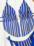 DEKA Knit Beads Blue Striped Bikinis Sets Two Pieces Halter Thong Swimsuit Bathing Suit Back Tie Swimwear Biquini Tankini Trikin