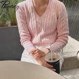 Phantasy Retro Solid Color Sweater Winter Women's V-Neck Casual Simple Loose Knit Sweater Trendy Spring Autumn Winter Sweater