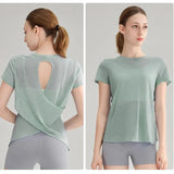 Women's Quick Drying Hollow out Back Sports T-Shirt Yoga Suit Top Short Sleeve Fitness Cover up