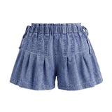 Womens Loose Fit Denim Shorts Drawstring Elastic Mid Rise Pleated Wide Leg Short Pants Casual Stylish Summer Skorts