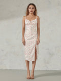 Women Summer Floral Print Party Club Midi Dress Sleeveless Spaghetti Strap Bustier Backless Thigh Slit Slim Dress