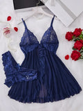 Blue Contrast Lace Ruffle Trim Lingerie Set Women's Nightdress See Through Deep V Mini Dress and Thong Nightgowns Underwear