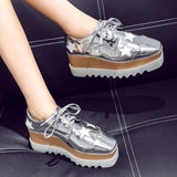 Luxury Stars Chunky Platform Brogue Shoes Women Lace Up Thick Sole Patent Leather Shoes Woman Non Slip Wedges Oxford Flats Mujer