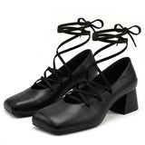 Plus Size 52 Retro Lace Up Ankle Wrap Mary Jane Heels Women Shoes Square Toe Faux Leather Chunky Block Mid Heel Vintage Pumps