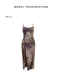 Women Sexy Leopard Print Slip Nightdress Removable Padded Drawstring High Slit Midi Nightgown Loungewear
