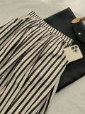 Retro Chic Solid Color Striped Skirt For Women In Summer, High Waisted And Slimming A-line Mid Length Umbrella Skirt Casual OHS8