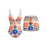 S - XL New Floral Printed With Skirt Women Swimwear V Neck High Leg Cut Bather Bathing Suit Swim One Piece Swimsuit Female K8041