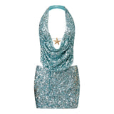 Summer Women Party Evening Sequins Outfits Backless Halter Low Cut Vest and Pencil Skirt Sets Y2K Aesthetic Clothes