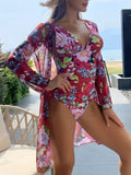 2026 Printed Swimsuit Women One Piece With Cover Up Floral Swimwear Female Beach Wear Push Up Bathing Swimming Swim Suit Summer