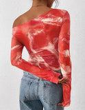 Women's Off-Shoulder Ruffled Sleeve Long-Sleeve Top with Asymmetrical Tie-Dye Mesh Asymmetrical Pleated Floral Print T-Shirt