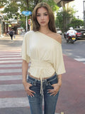 FDYOUI Sexy Short Sleeve Lace-up T-shirts Women 2026 Summer Diagonal Collar Corset Tops Streetwear Y2K Female Bandage T Shirt