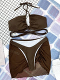 Wrap Around with Mesh Sarong Skirt Bikini Female Swimsuit Women Swimwear Three-pieces Bikini Set Beachwear Bathing Suit Swim
