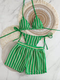 3PCS With Shorts Stripe Halter Fishnet Bikini Women Swimwear Female Swimsuit Three-pieces Bikini Set Bathing Suit Swim Beachwear