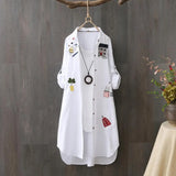 Women Mid Length Shirt Cartoon Embroidery Loose Irregular Hem Turn-down Collar Single-breasted Sun Protection Long Sleeves Top