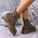 Fashion Leopard Print Platform Ankle Boots Women Lace Up Thick Sole Crystal Short Booties Mujer Round Toe Zipper Modern Boots